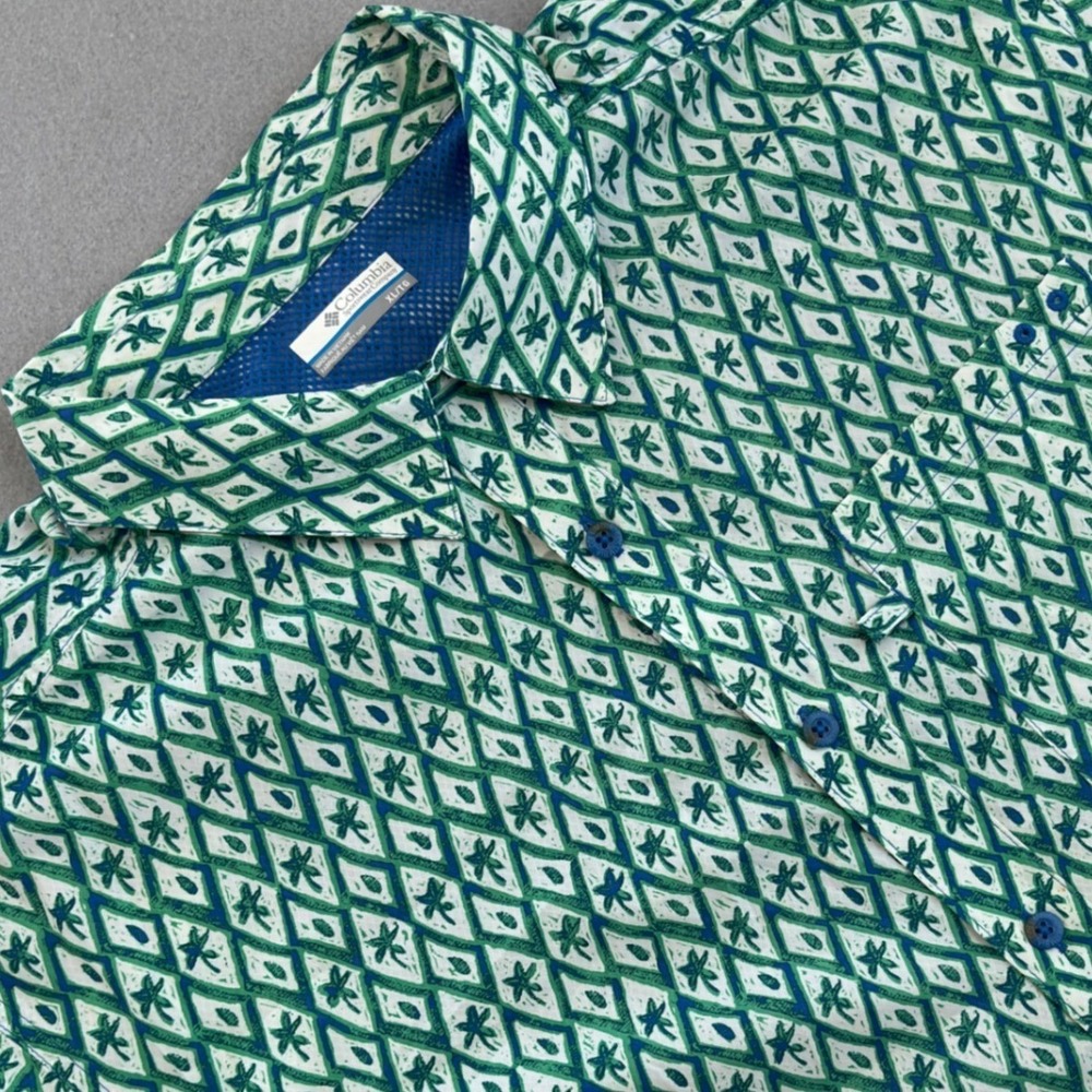 Columbia PFG Mens XL Green Palm Diamond Print Short Sleeve Fishing Shirt XM0693